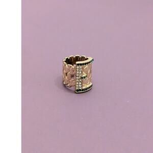 Rita Hayworth Inspired Gold Toned Buckle Ring Size 5. Green & Clear Stones.